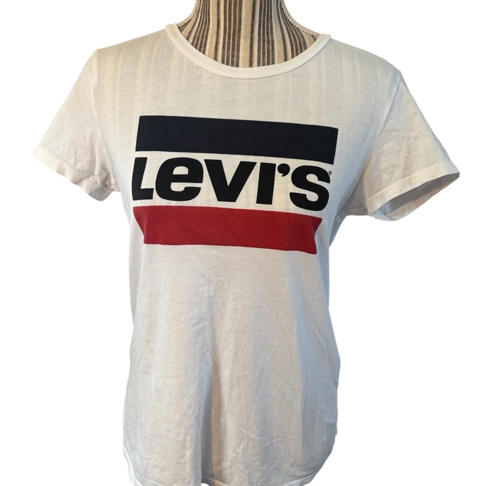 Levi's Tee Small White Short Slvs Blue Black Red Logo Stripes Cotton Sportswear